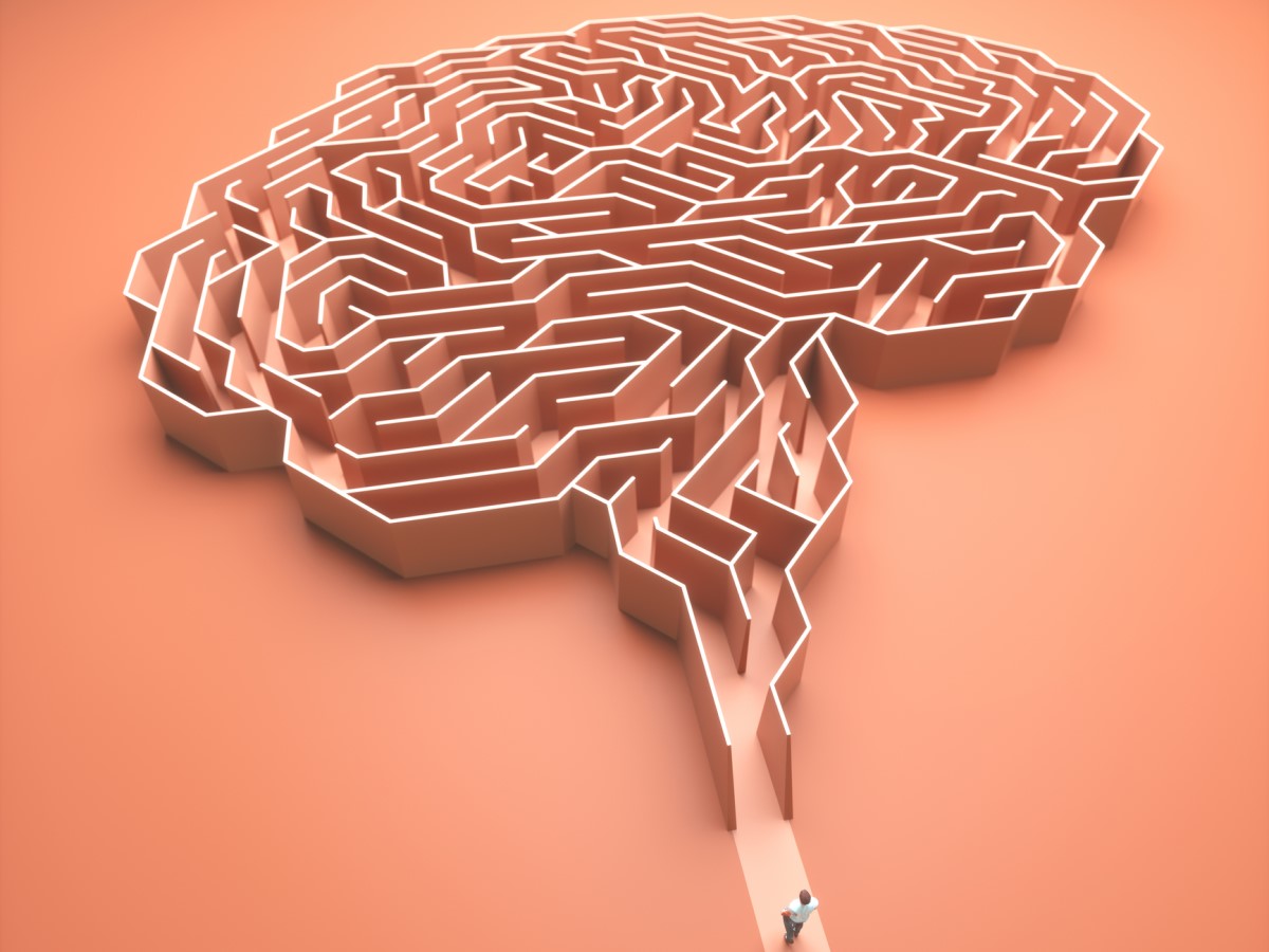 Mozek zobrazený jako labyrint pro jeho složitost, člověk vstupuje do bludiště