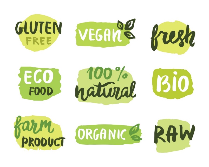 Označení potravin, které ortorektici často vyhledávají (bezlepkové potraviny, biopotraviny, veganské potraviny, syrové potraviny, biopotraviny, přírodní potraviny, čerstvé potraviny, farmářské produkty).