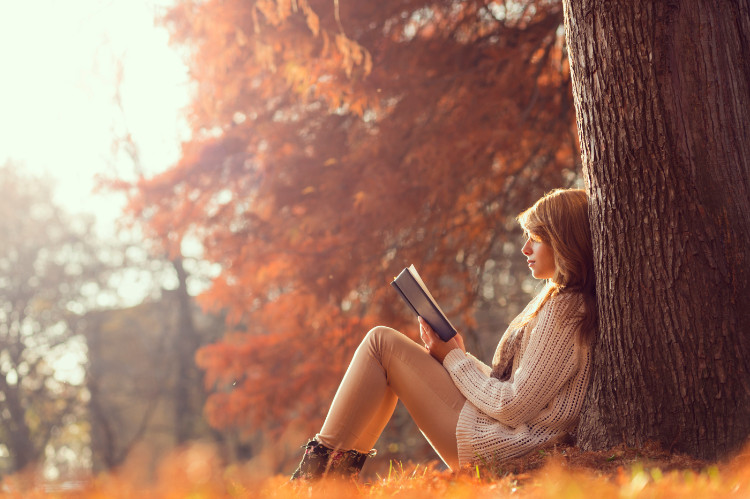žena sedící v lese, oprená o strom citá knížku v podzimním období