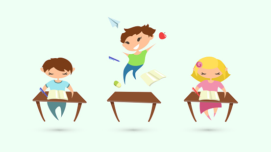 animovaný obrázek tří dětí ve školních lavicích, střední dítě je hyperaktivní
