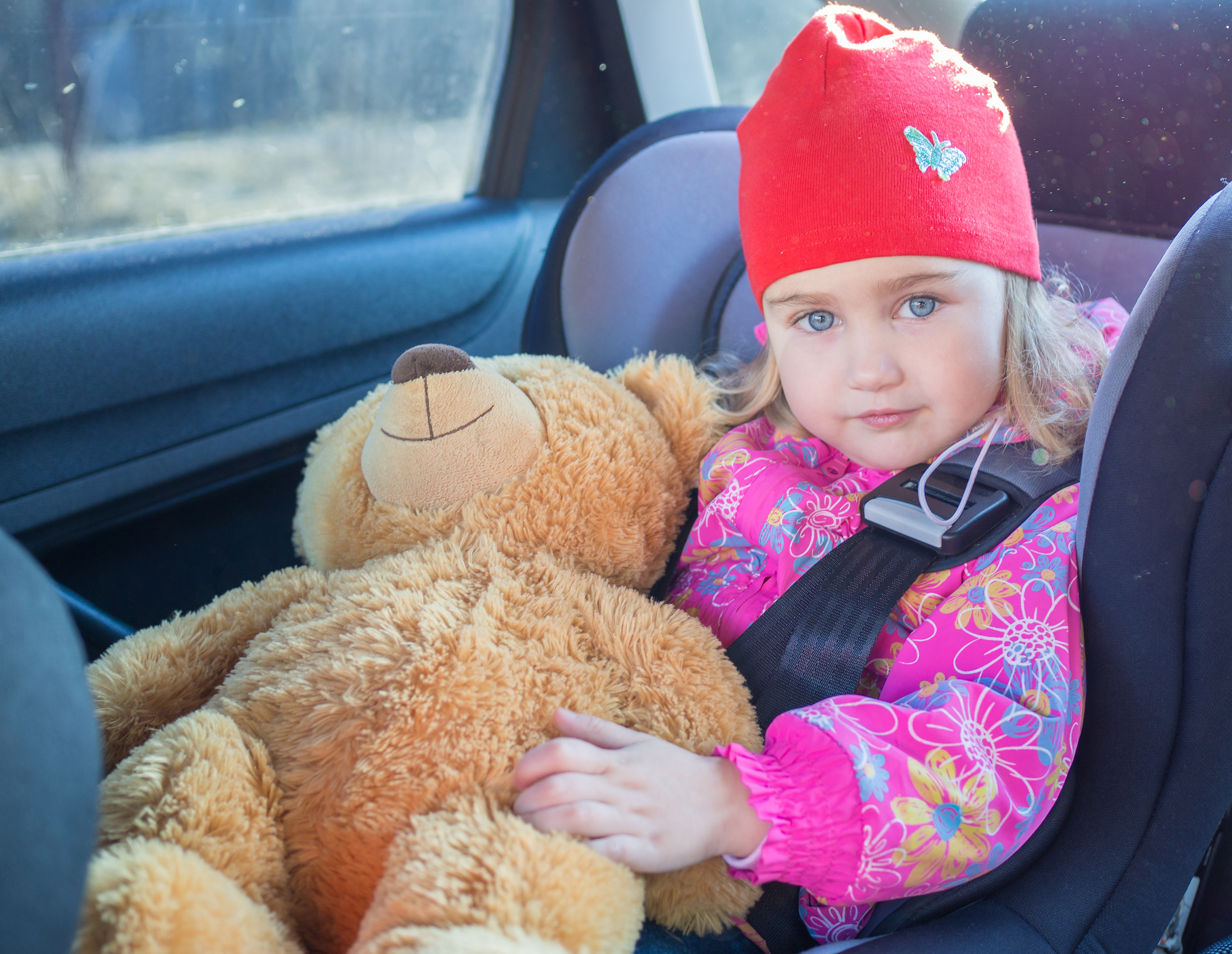 Dítě v autosedačce, sedí, dívá se, spokojený pohled, drží si plyšového medvídka