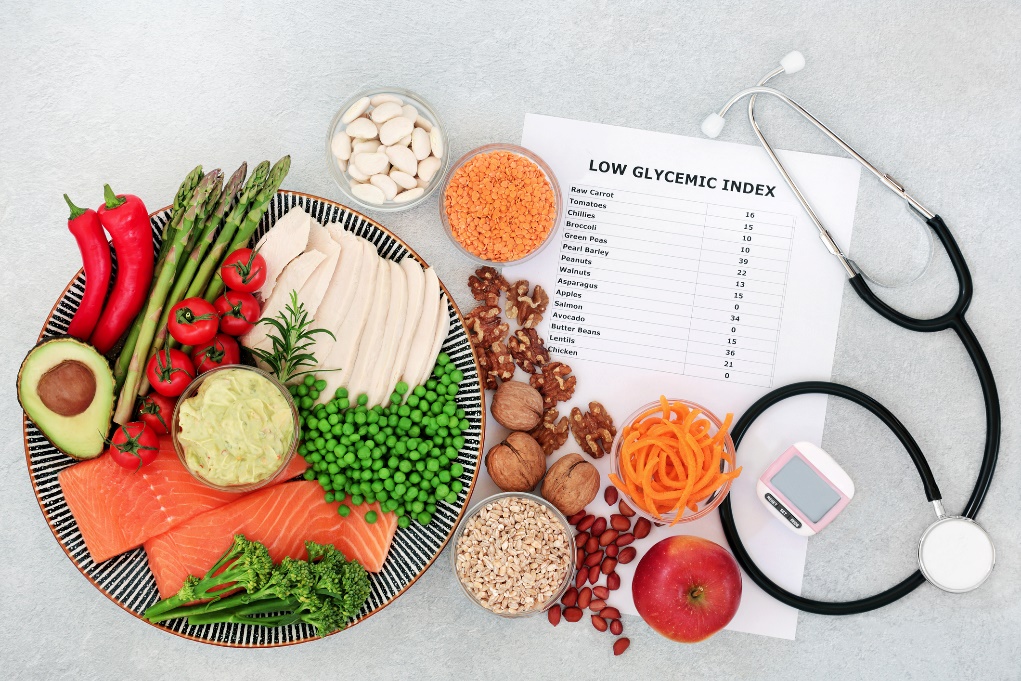 Příklad potravin a různých makronutrientů s nízkým až středním glykemickým indexem v doporučeném jídelníčku diabetika