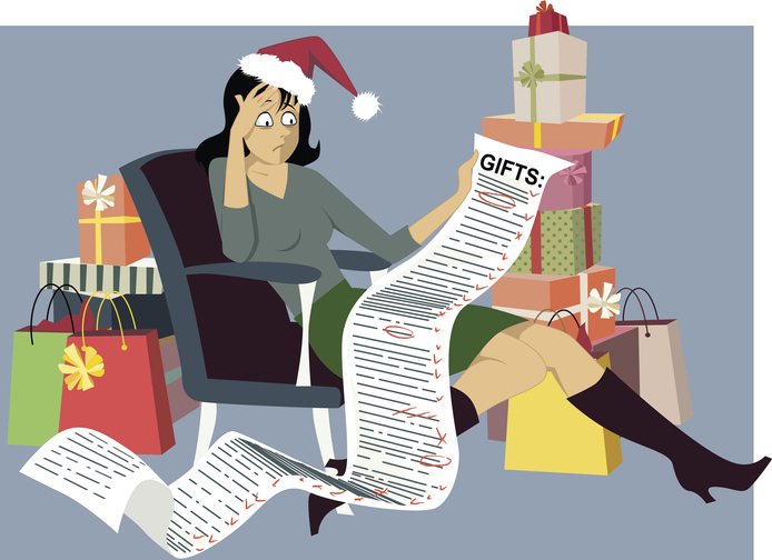 Animovaný snímek ukazuje ženu, která se stresuje kvůli vánočním nákupům