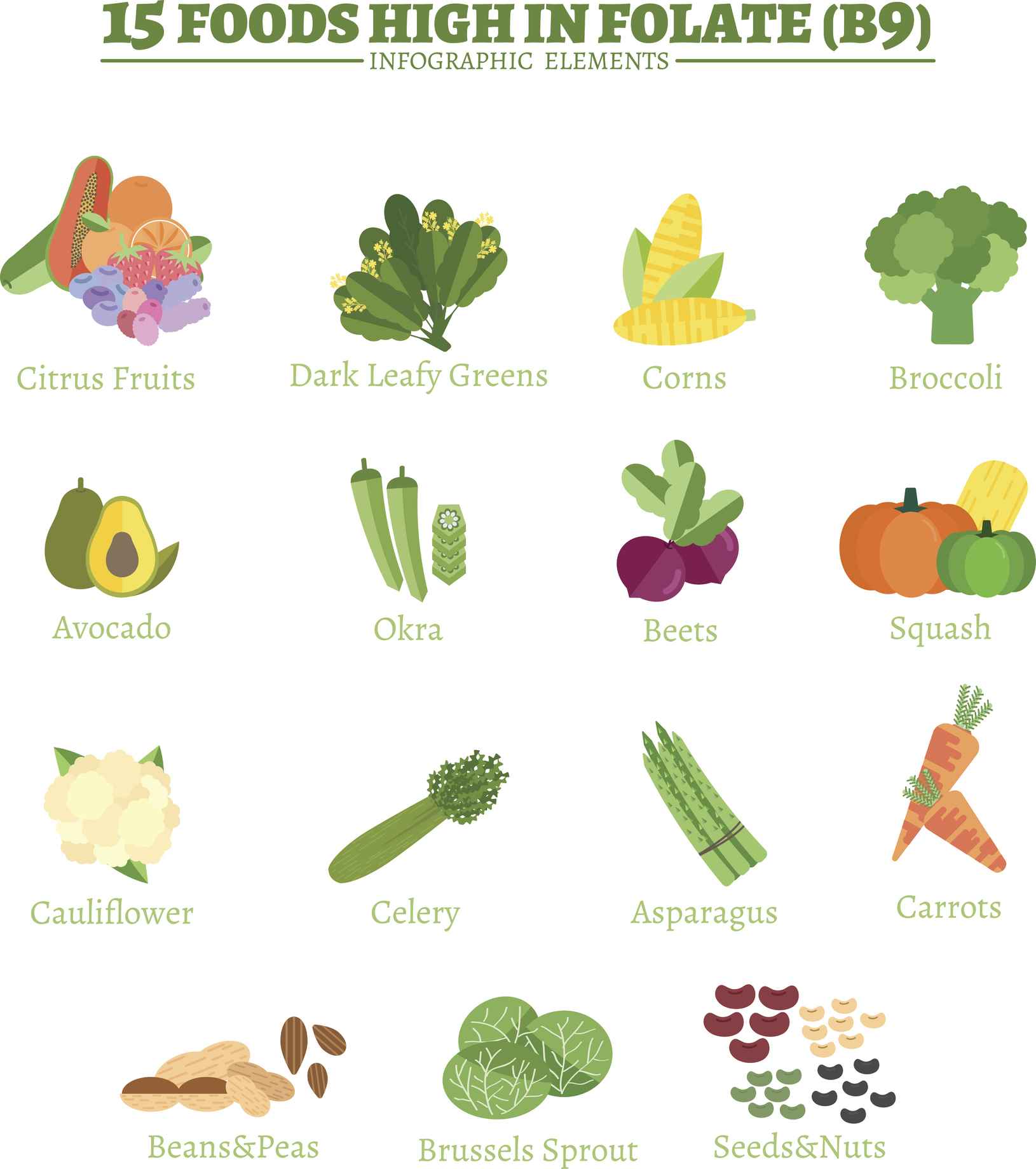 Mezi důležité zdroje vitaminu B9 patří citrusové plody, tmavě zelená listová zelenina, kukuřice, brokolice, avokádo, okra, červená řepa, šťávy, květák, celer, chřest, mrkev, fazole a hrášek, růžičková kapusta, semena a ořechy. 