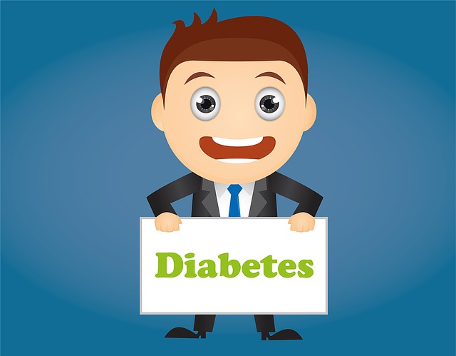 kreslená postava muže, který drží tabuli s nápisem diabetes