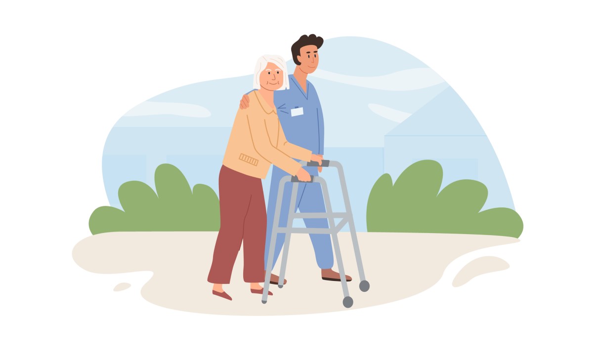 Animace seniorky a muže, který jí pomáhá při chůzi