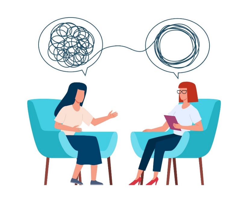 Psychoterapie a rozhovor s terapeutem. Animace žen sedících na sedadlech
