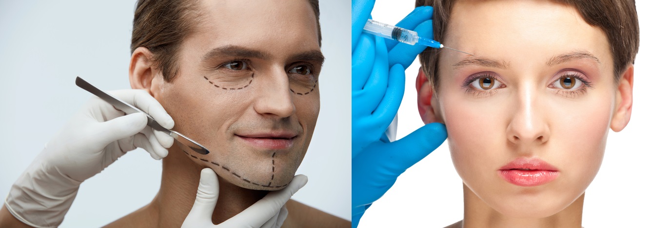 Tvář muže a ženy jako příklad asymetrie obličeje a nutnosti plastického zákroku a stavu po injekci botoxem
